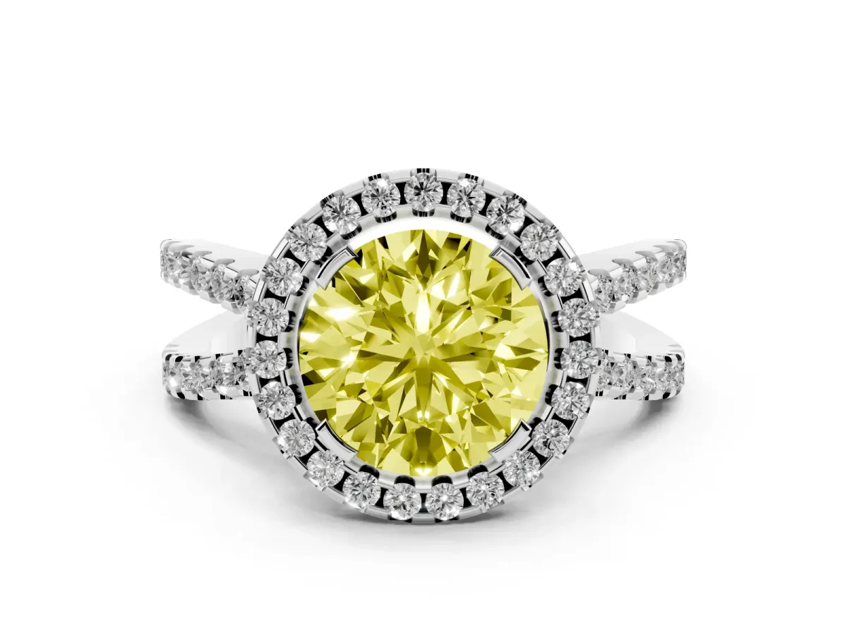 Fancy Yellow Round Cut Diamond Halo Ring with Split Shank Pavé Band and Prong Setting Silver