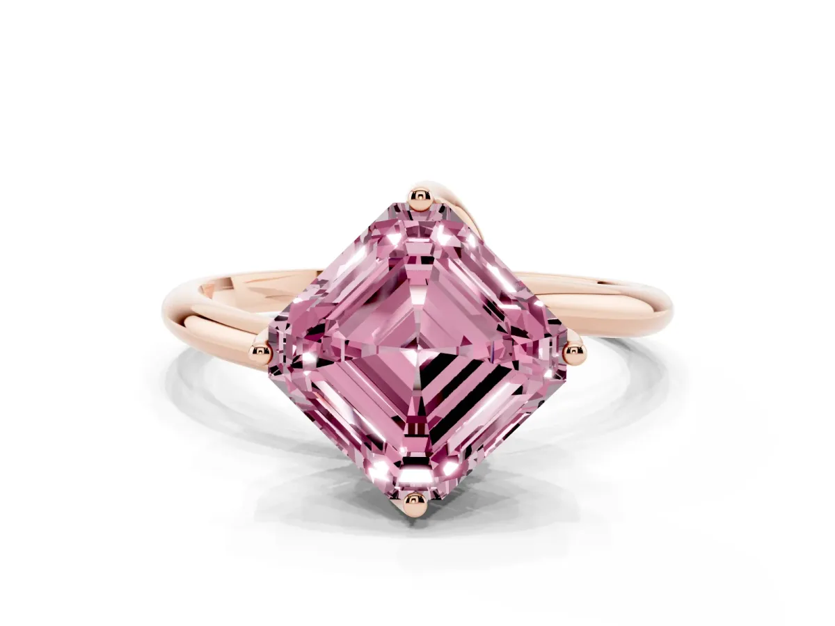 Fancy Pink Asscher Cut Diamond Solitaire Engagement Ring with Four-Prong Setting and Classic Band Rose gold