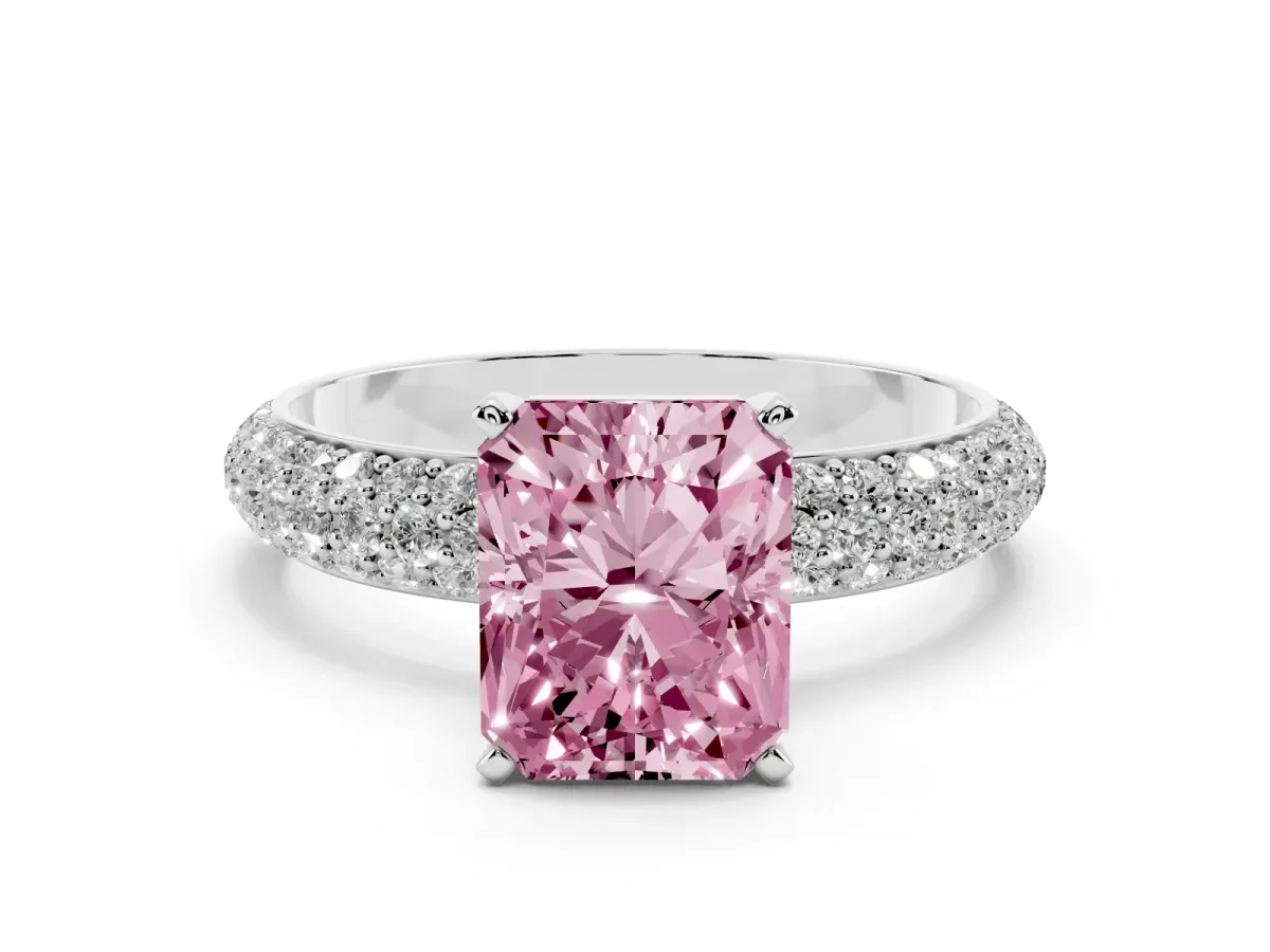 Fancy Pink Radiant Cut Diamond Solitaire Ring with Prong Setting and Pavé Band Silver