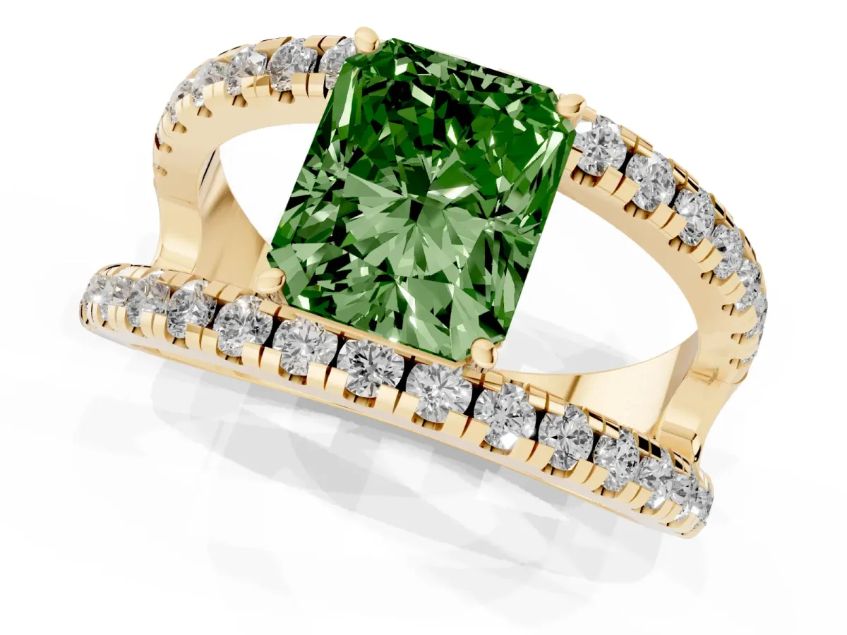 Fancy Green Radiant Cut Solitaire Split Shank Pave Diamond Ring Yellow gold