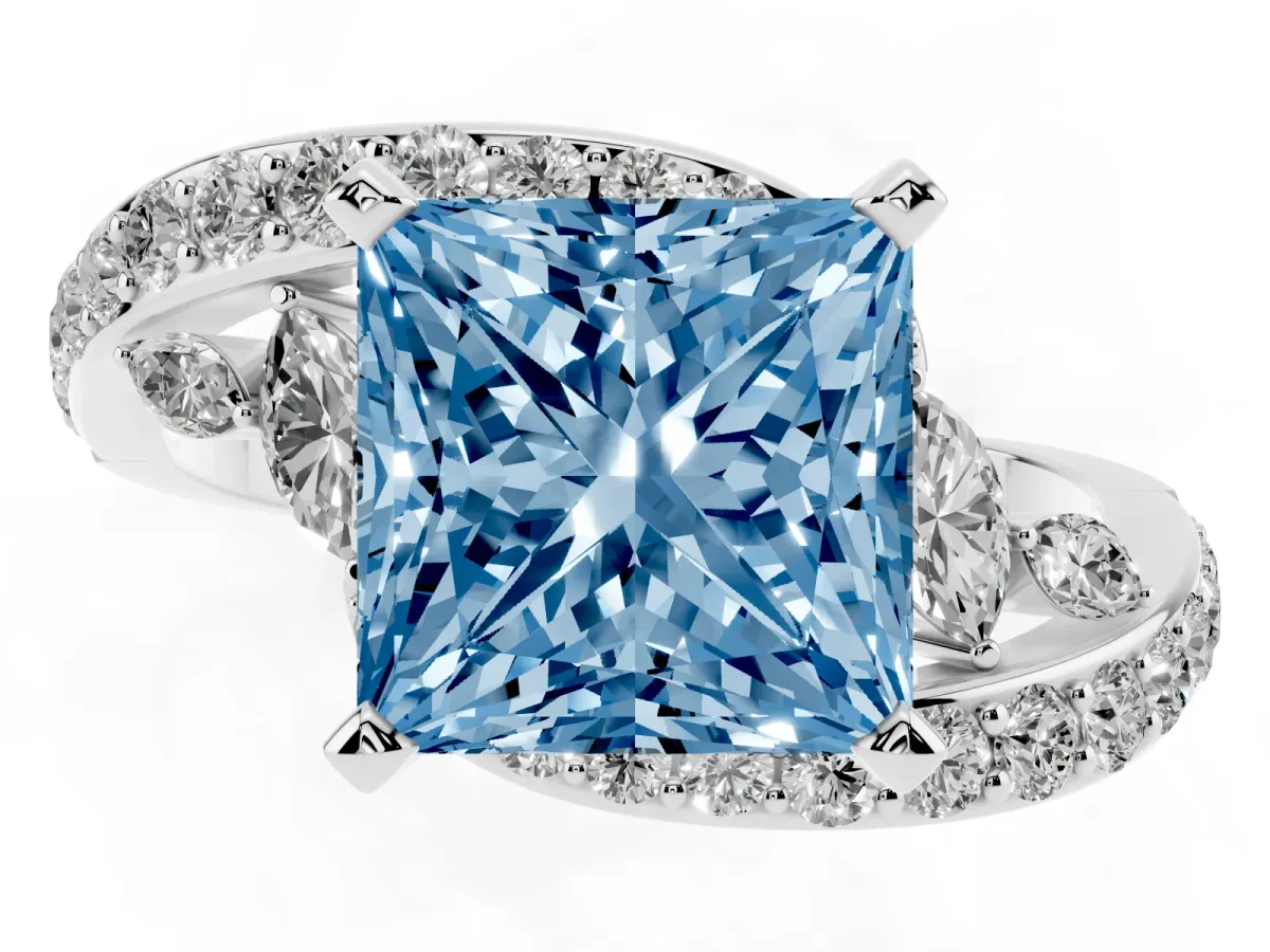 Fancy Blue Princess Cut Solitaire with Pavé Twist Band and Four-Prong Setting Platinum