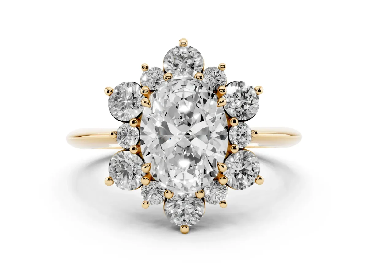 Oval Cut Diamond Cluster Halo Ring with Solitaire Band and Four-Prong Setting Yellow gold