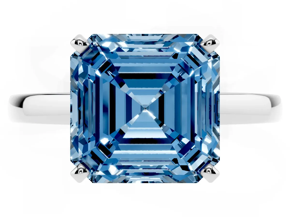 Fancy Blue Asscher Cut Solitaire Diamond Engagement Ring with Four-Prong Setting on a Classic Band Silver