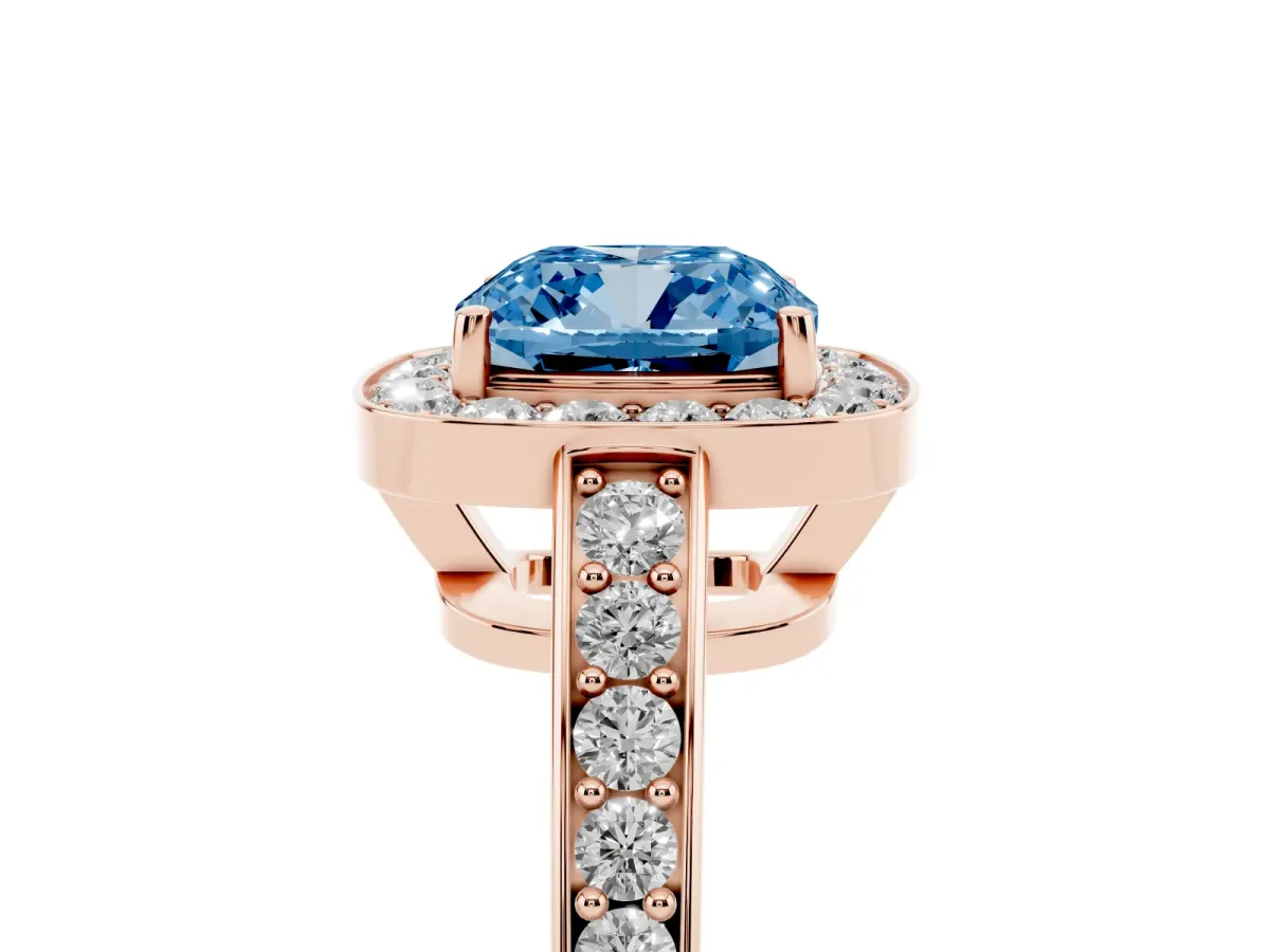 Fancy Blue Cushion Cut Halo Pavé Diamond Engagement Ring with Bezel Setting Rose gold