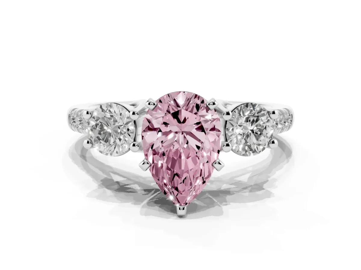 Fancy Pink Three-Stone Pear Cut Diamond Pavé Band with Four-Prong Setting Platinum