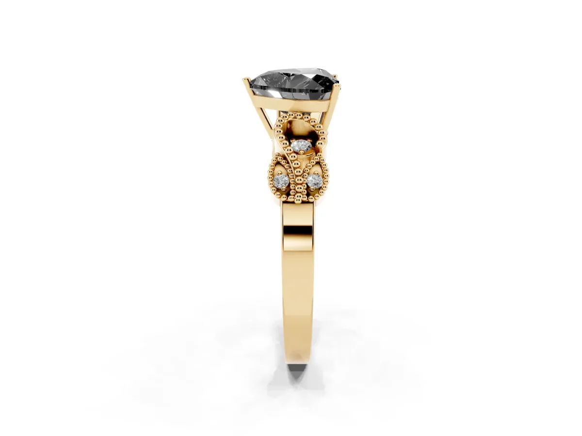Fancy Black Heart Cut Solitaire Milgrain Leaf Band with Prong Setting Yellow gold