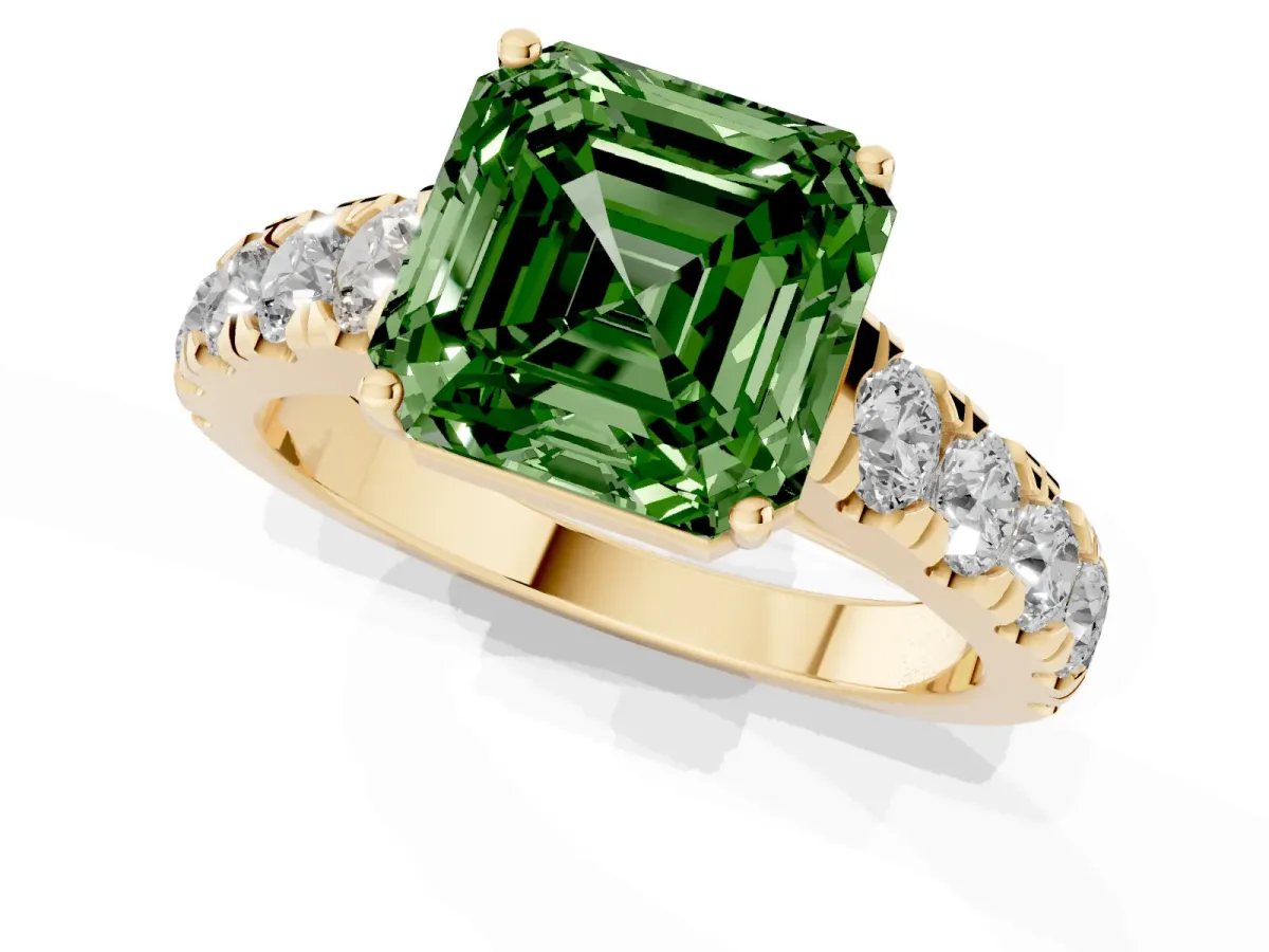 Fancy Green Asscher Cut Cut Diamond Solitaire Ring with Micro Pave Band and Prong Setting Yellow gold