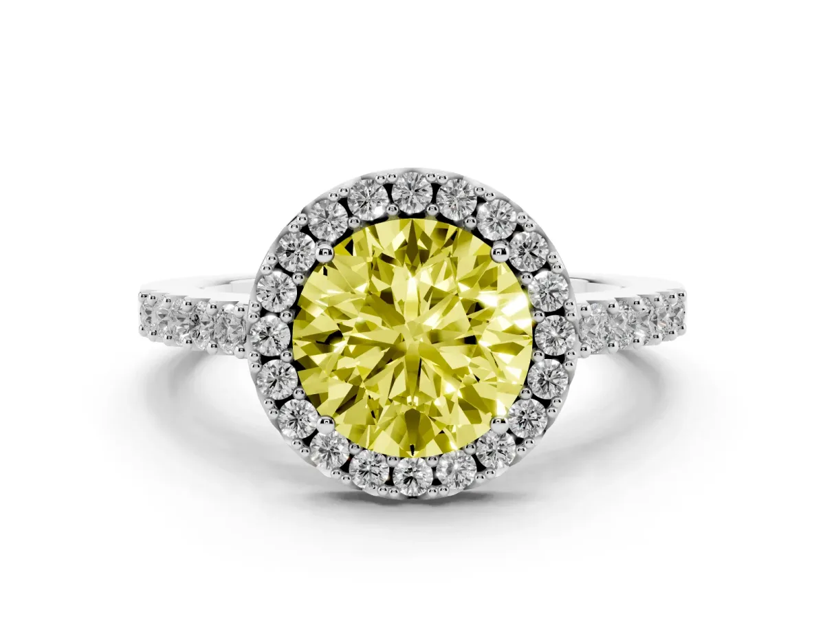 Fancy Yellow Round Cut Halo Diamond Pavé Solitaire Ring Platinum