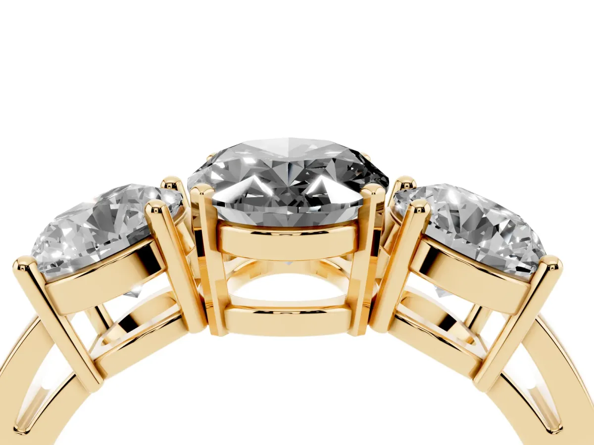 Fancy Black Three-Stone Oval Cut Diamond Ring with Round Side Stones, Classic Band, and Four-Prong Setting Yellow gold