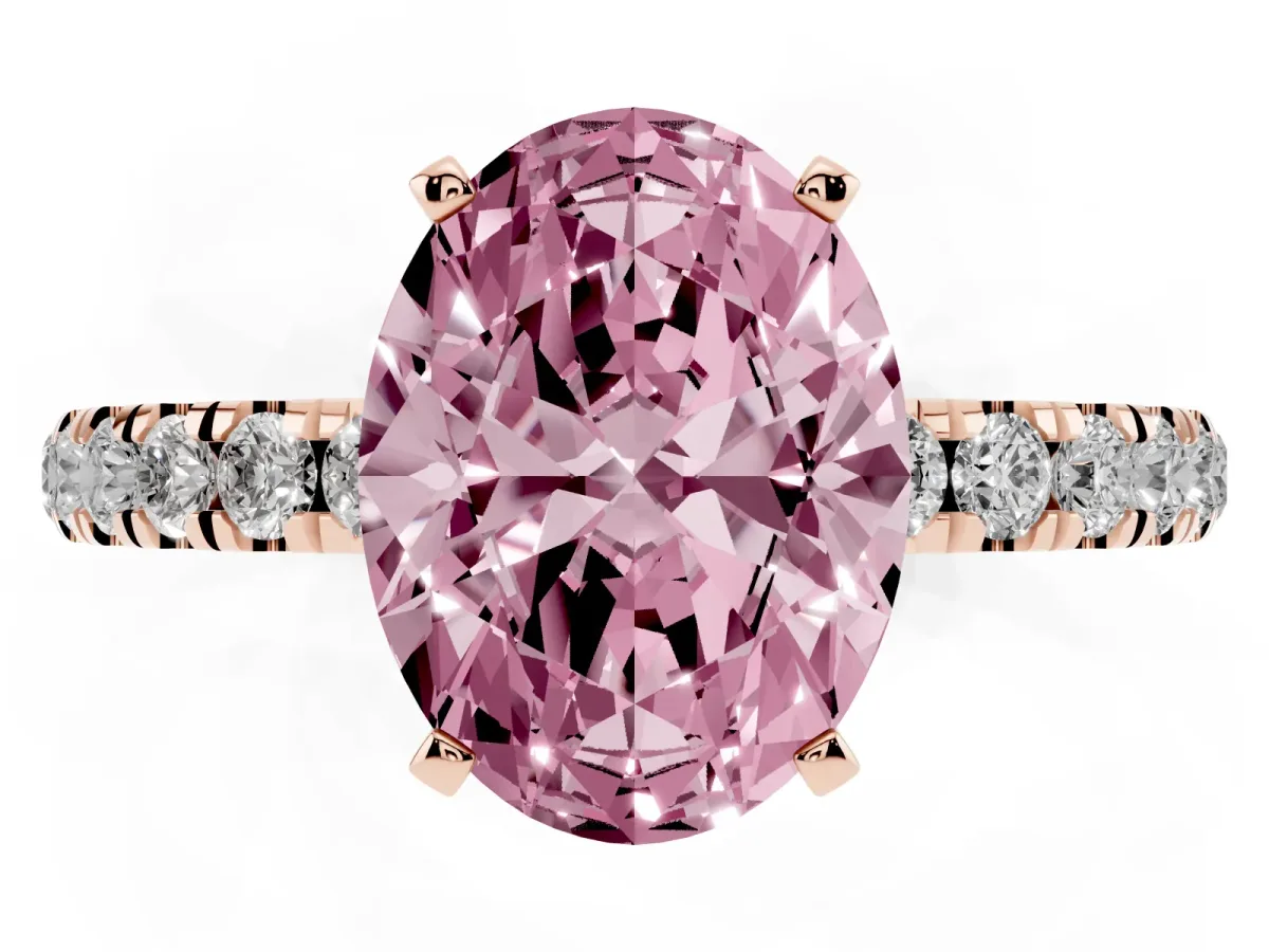 Fancy Pink Oval Cut Diamond Solitaire Ring with Pavé Accents and Four-Prong Setting Rose gold