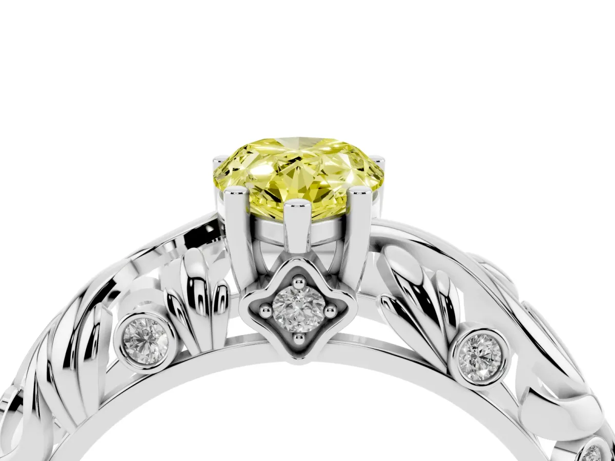 Fancy Yellow Pear Cut Solitaire Diamond Leaf-Inspired Vine Band Ring with Prong Setting Silver