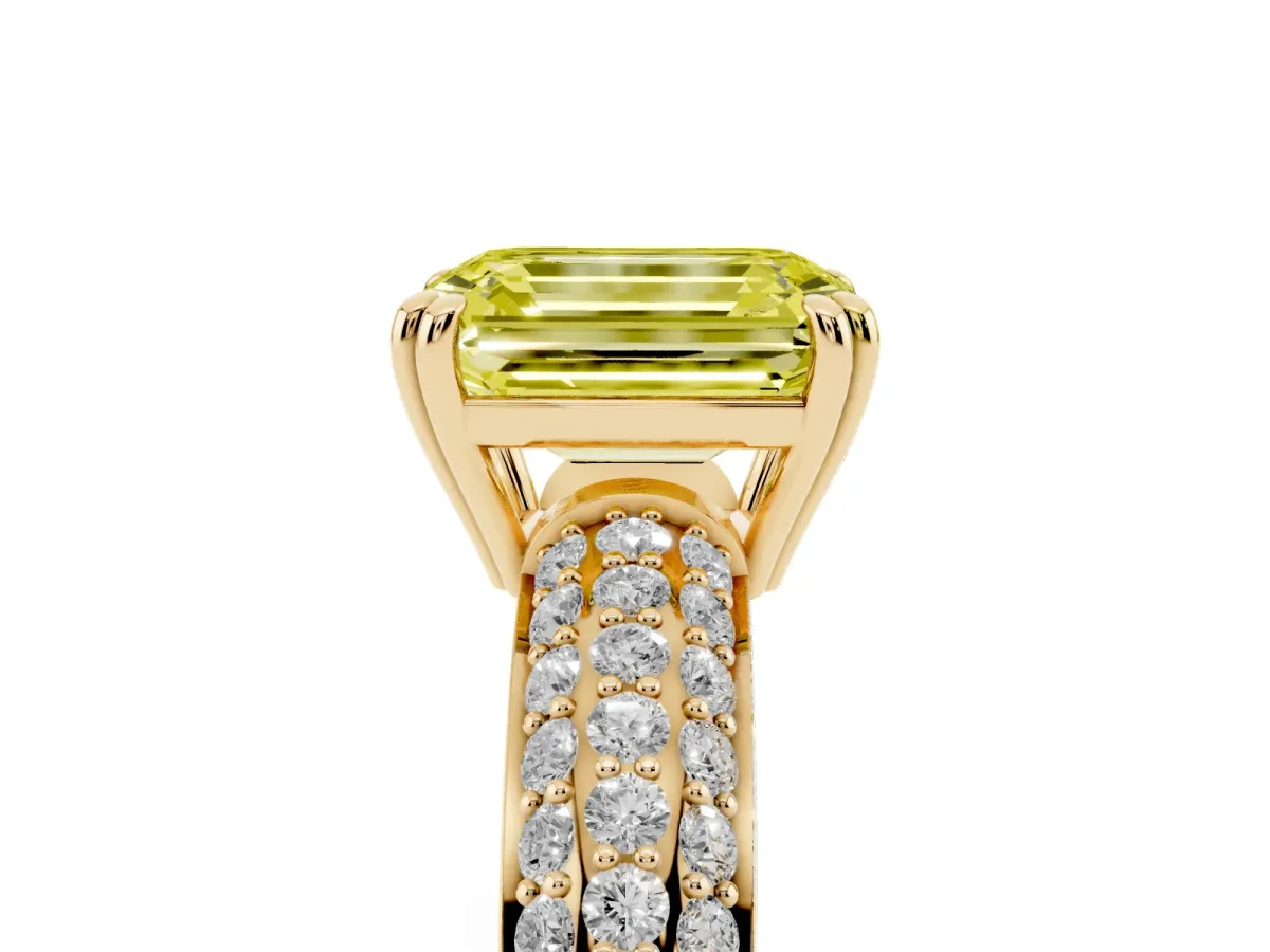 Fancy Yellow Emerald Cut Diamond Solitaire Ring with Multi-Row Round Pavé Band and Prong Setting Yellow gold