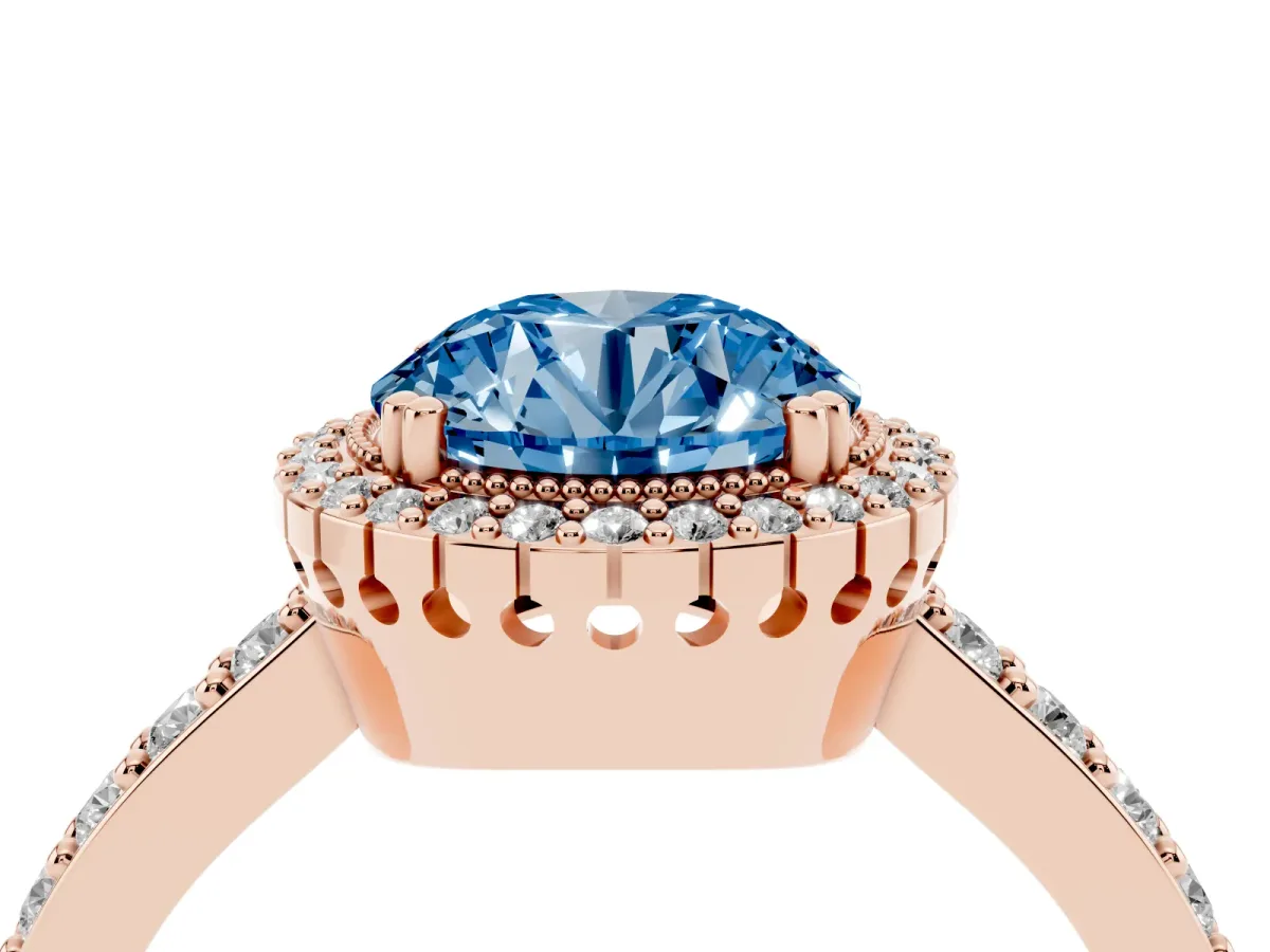 Fancy Blue Round Cut Cut Diamond Halo Engagement Ring with Milgrain Detail and Pavé Band Rose gold