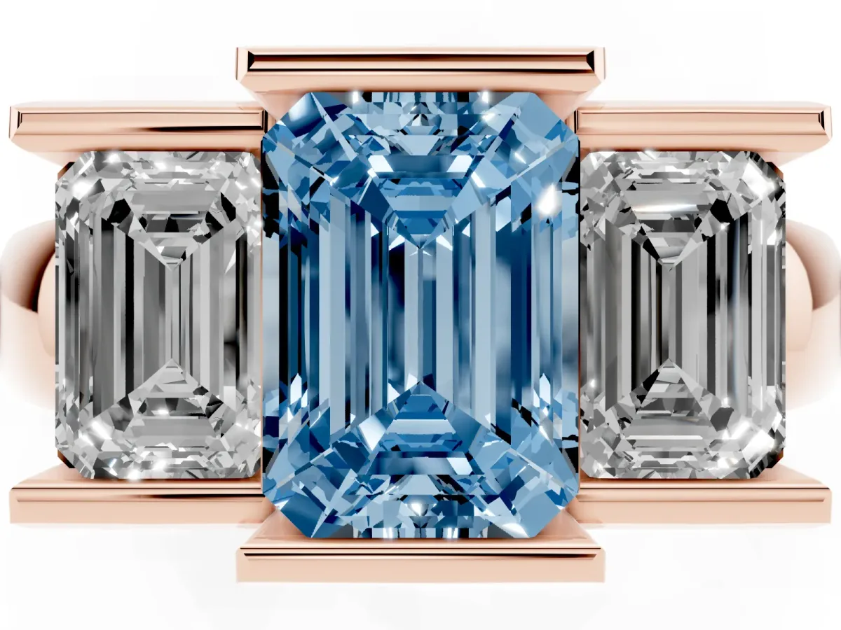 Fancy Blue Three Stone Emerald Cut Cut Channel Set Diamond Ring Rose gold