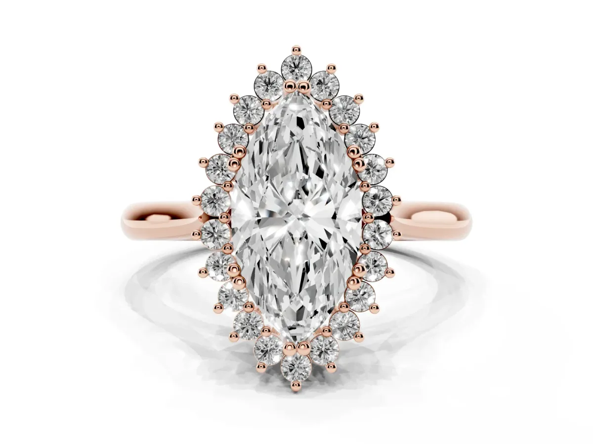 Marquise Cut Cut Diamond Halo Ring with Solitaire Band and Prong Setting Rose gold