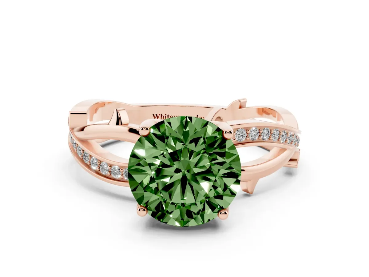 Fancy Green Round Cut Solitaire Twist Band with Pavé Accents and Four-Prong Setting Rose gold
