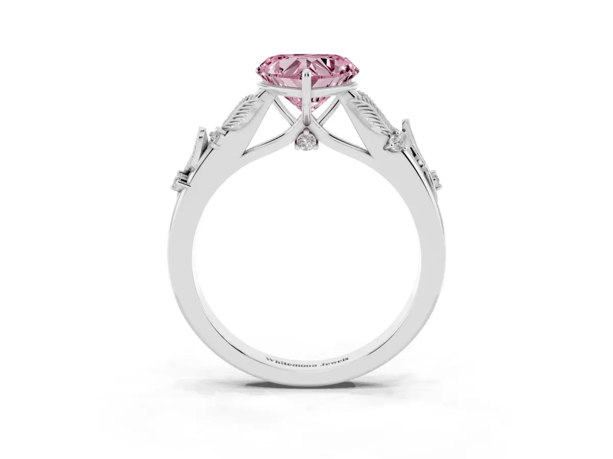 Fancy Pink Heart Cut Diamond Solitaire Ring with Leaf Motif Band and Four-Prong Setting Silver