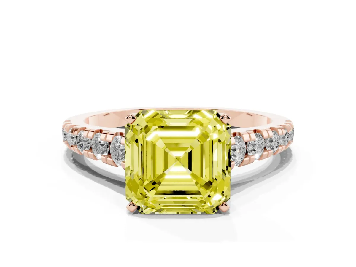 Fancy Yellow Asscher Cut Diamond Cathedral Solitaire Ring with Round Pavé Band Rose gold