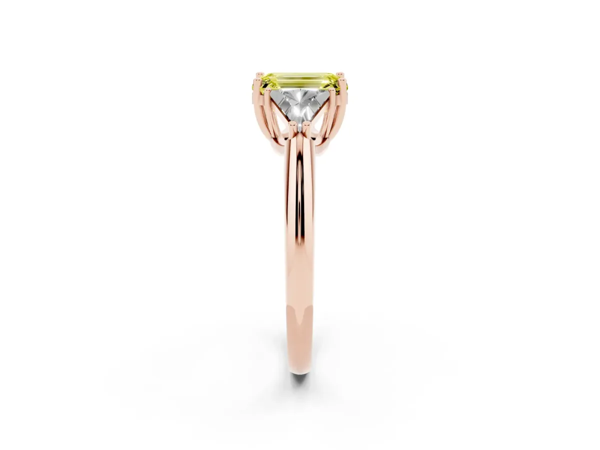 Fancy Yellow Three-Stone Emerald Cut Diamond Engagement Ring with Trillion Side Stones and Prong Setting Rose gold