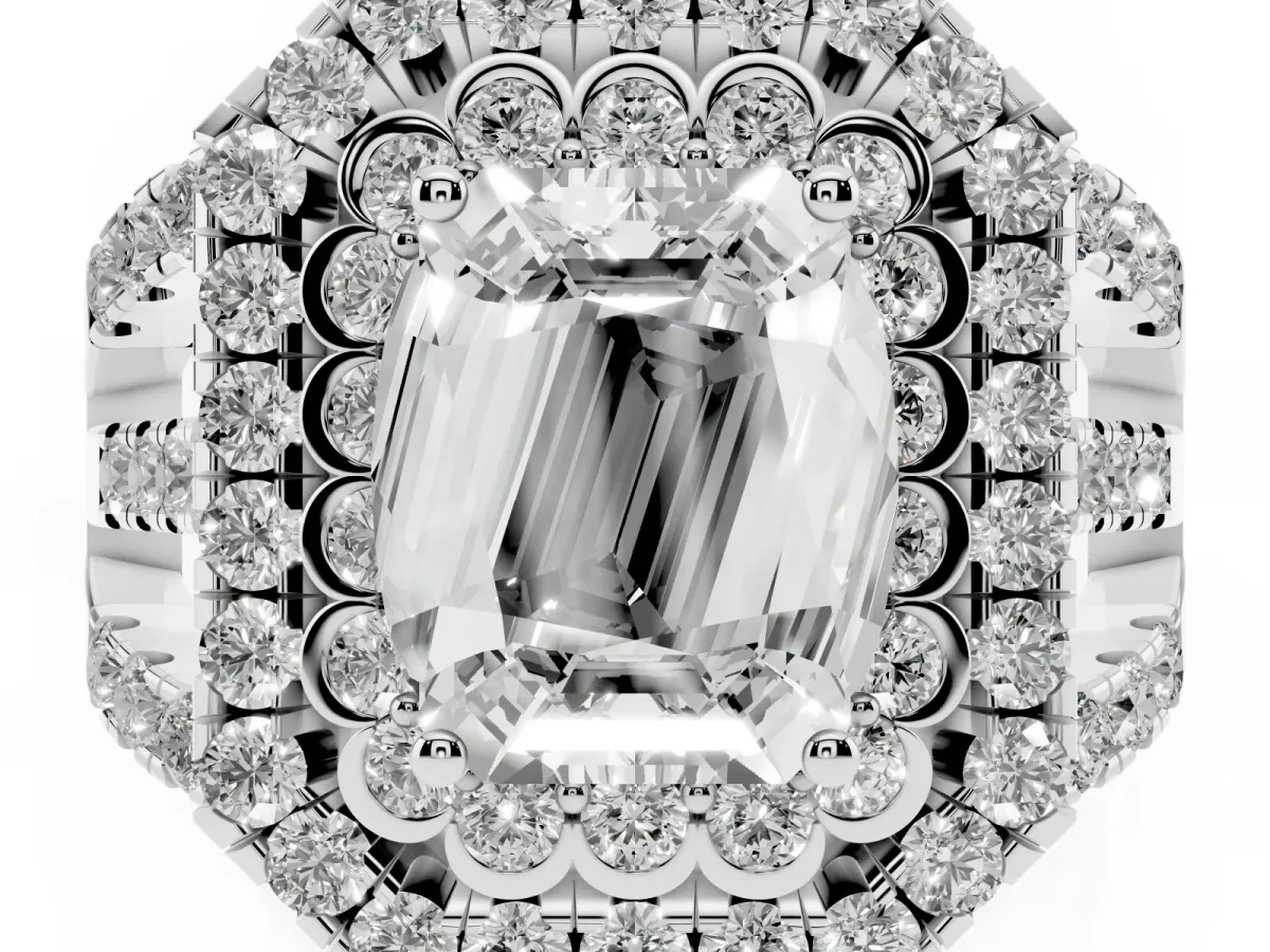 Emerald Cut Diamond Double Halo Ring with Round Pavé Split Shank and Prong Setting Platinum