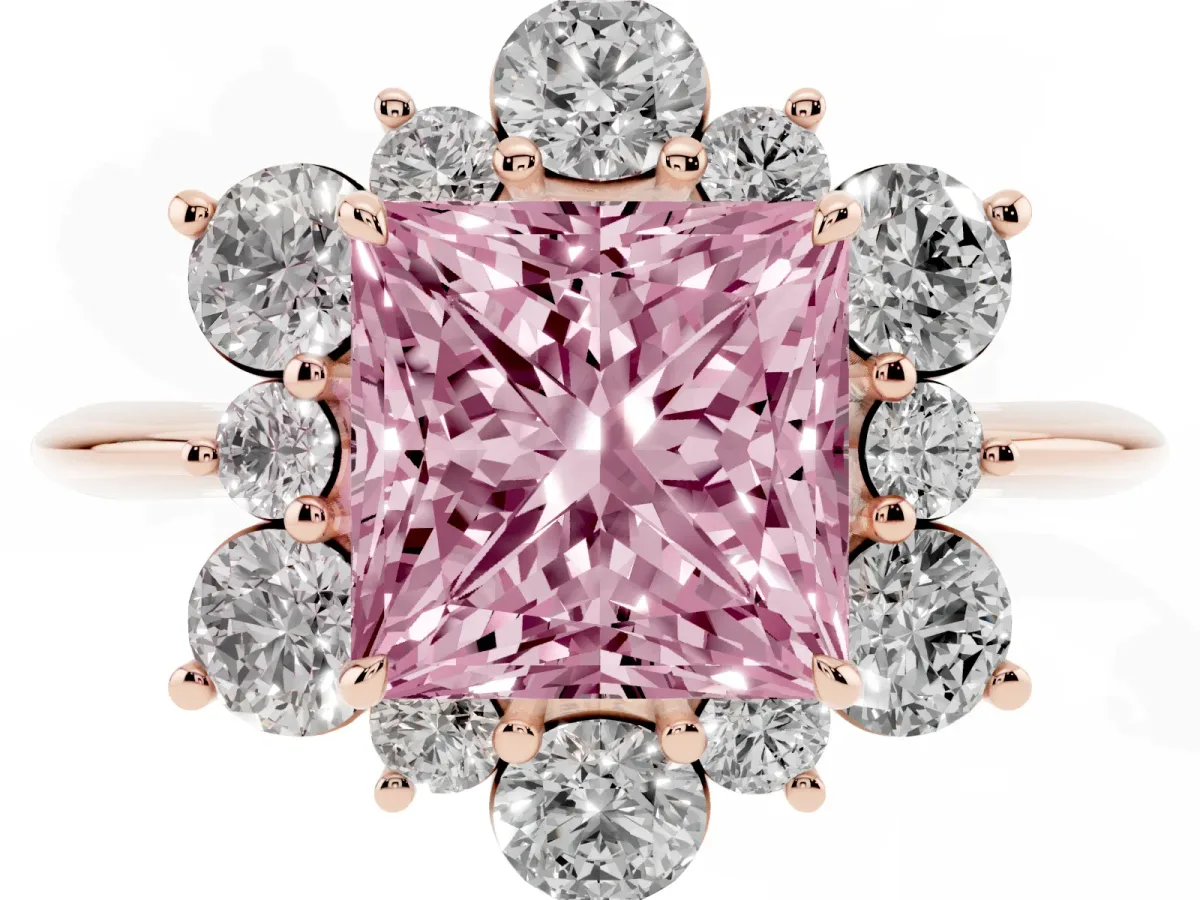 Fancy Pink Princess Cut Diamond Cluster Halo Ring with Solitaire Band and Four-Prong Setting Rose gold