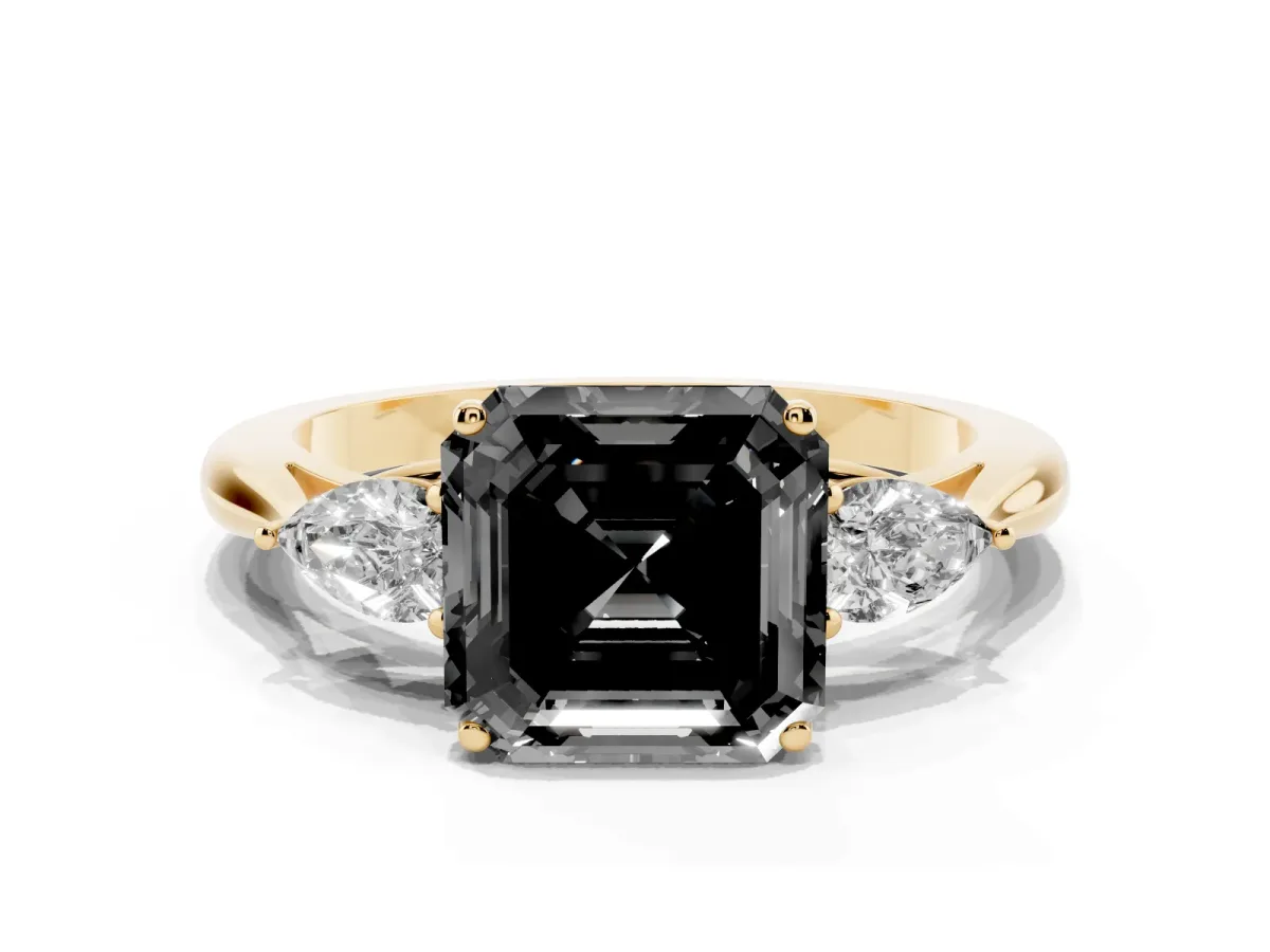 Fancy Black Three-Stone Asscher Cut Brilliant Diamond Solitaire Ring with Tapered Band and Four-Prong Setting Yellow gold
