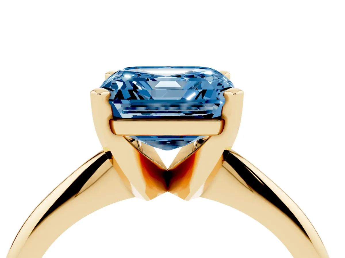 Fancy Blue Asscher Cut Cut Solitaire Ring with Four-Prong Setting on a Classic Band Yellow gold