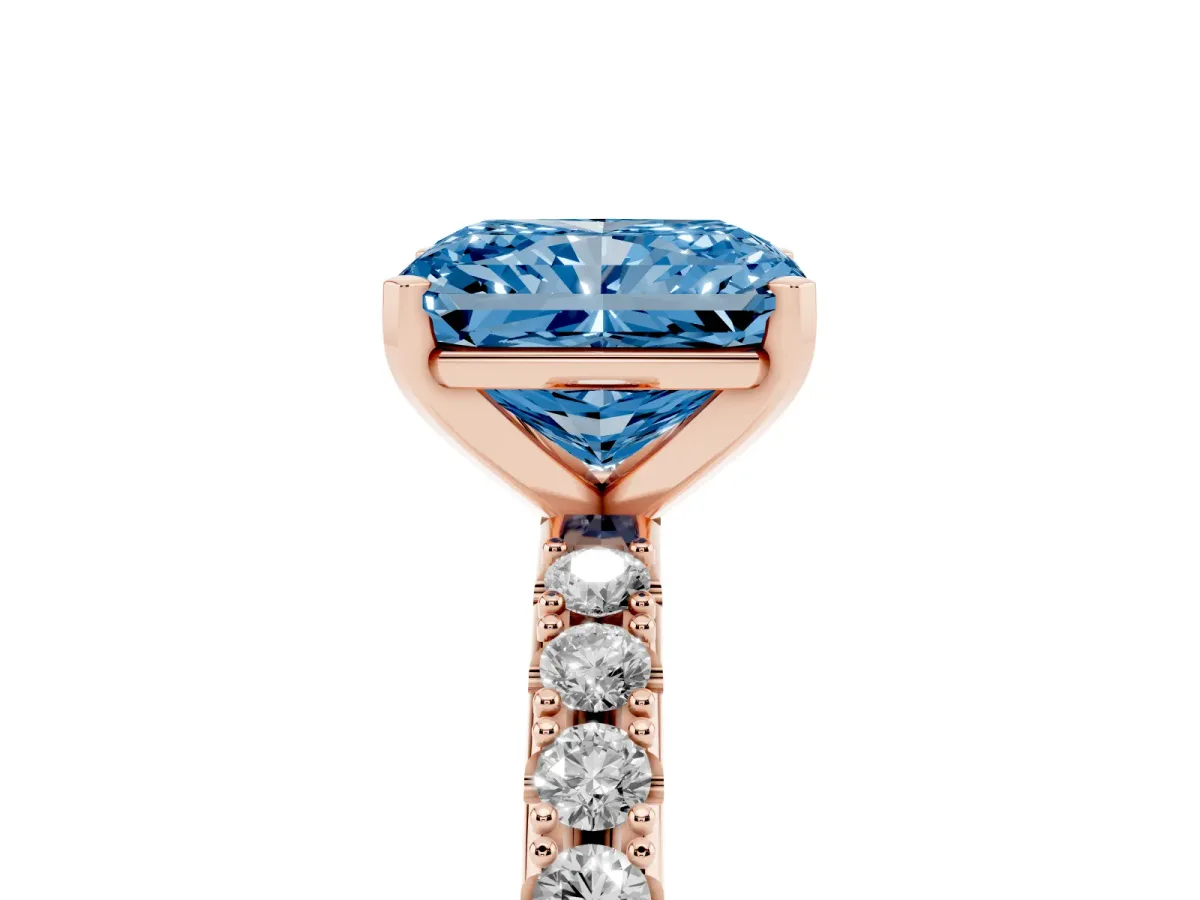 Fancy Blue Radiant Cut Diamond Solitaire Pavé Band with Four-Prong Setting Rose gold