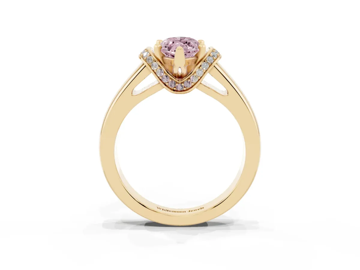 Fancy Pink Marquise Cut Solitaire Diamond Ring with Pave Band and Six-Prong Setting Yellow gold