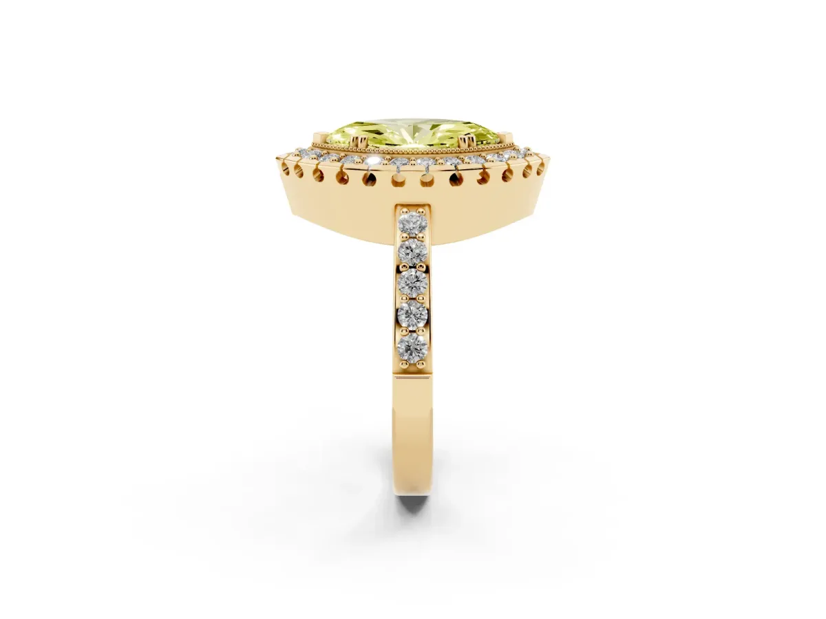 Fancy Yellow Marquise Cut Diamond Halo Ring with Pavé Band and Prong Setting Yellow gold