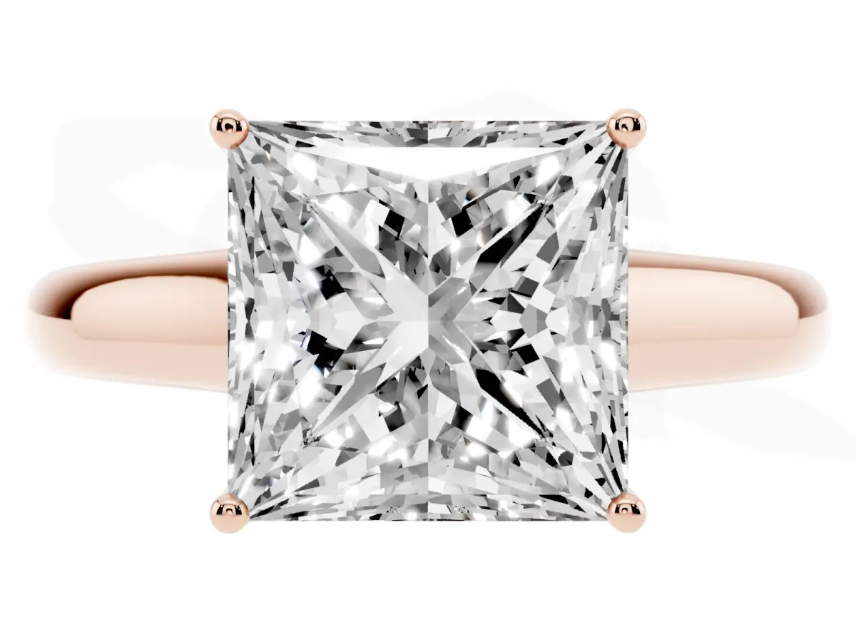 Princess Cut Solitaire Engagement Ring with Tapered Band and Four-Prong Setting Rose gold