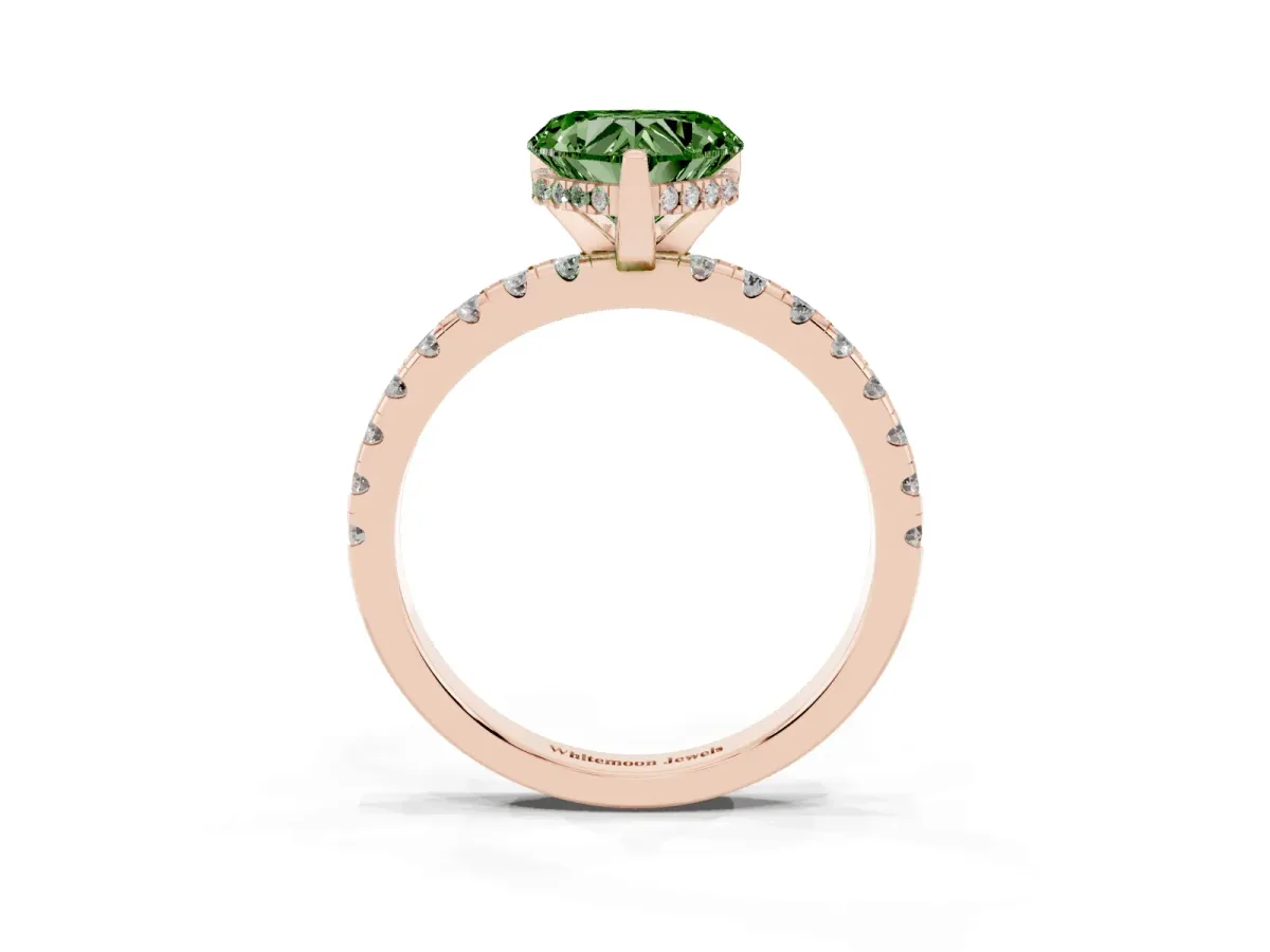 Fancy Green Heart Cut Diamond Solitaire Ring with Round Pavé Band and Four-Prong Setting Rose gold