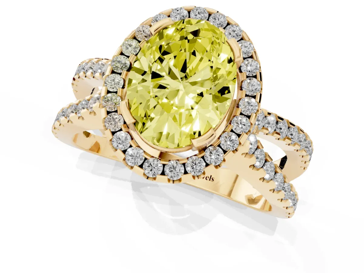 Fancy Yellow Oval Cut Diamond Halo Ring with Split Shank Pavé Band and Prong Setting Yellow gold