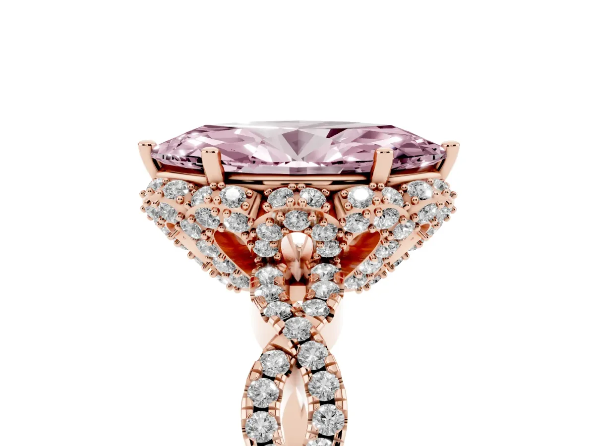 Fancy Pink Marquise Cut Halo Twist Band Solitaire Ring with Six-Prong Setting Rose gold