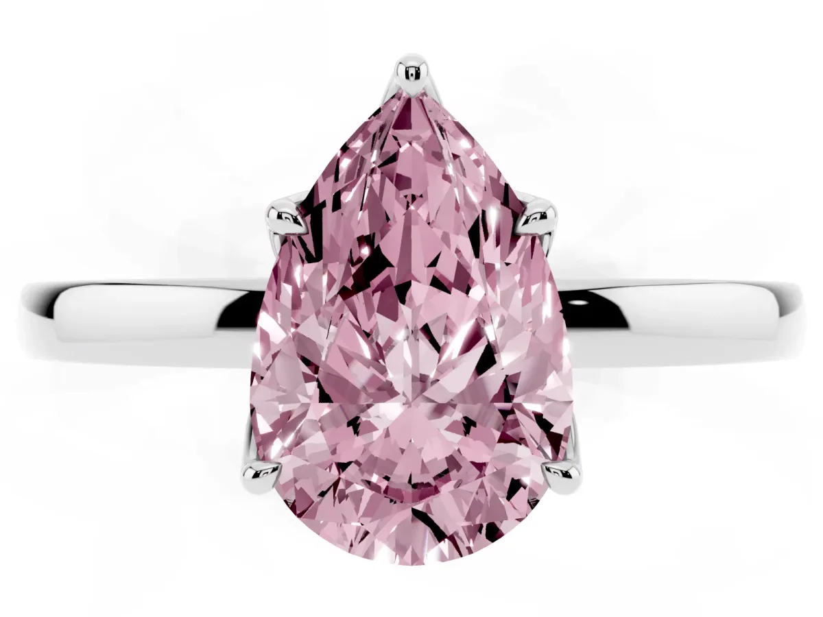 Fancy Pink Pear Cut Diamond Solitaire Ring with Thin Band and Prong Setting Silver