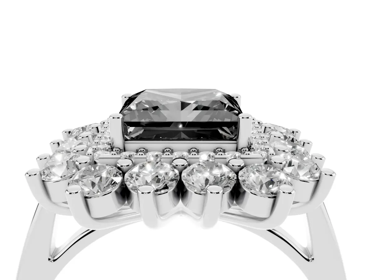Fancy Black Princess Cut Diamond Floral Double Halo Engagement Ring with Prong Setting Silver