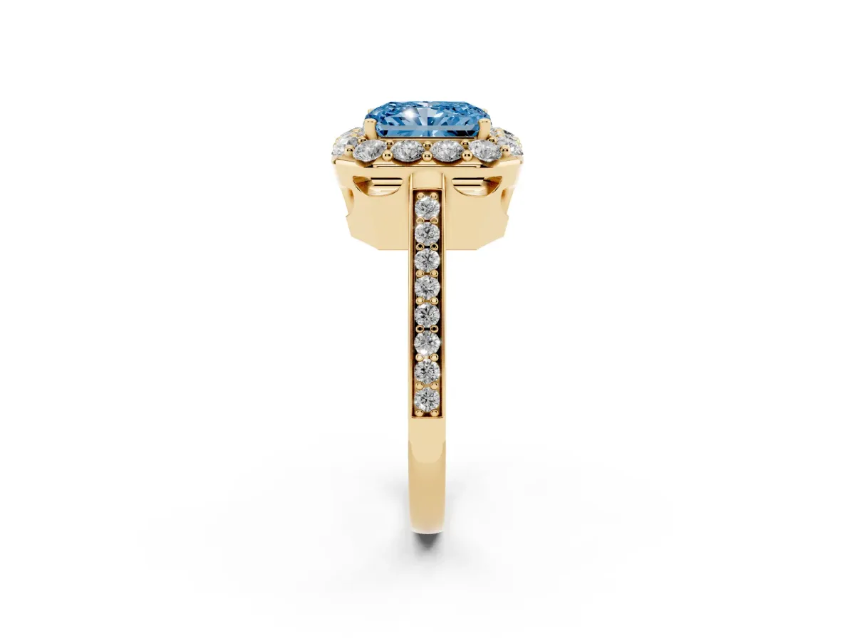 Fancy Blue Radiant Cut Diamond Floral Halo Ring with Pavé Band and Prong Setting Yellow gold