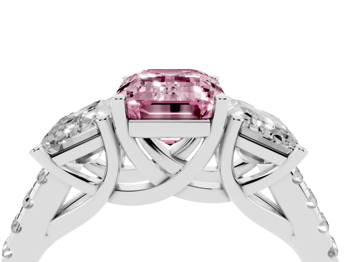 Fancy Pink Three-Stone Emerald Cut Diamond Ring with Round Pavé Band and Prong Setting Silver