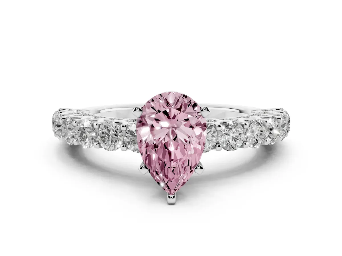 Fancy Pink Pear Cut Diamond Solitaire Ring with Shared Prong Pavé Band and Four-Prong Setting Silver