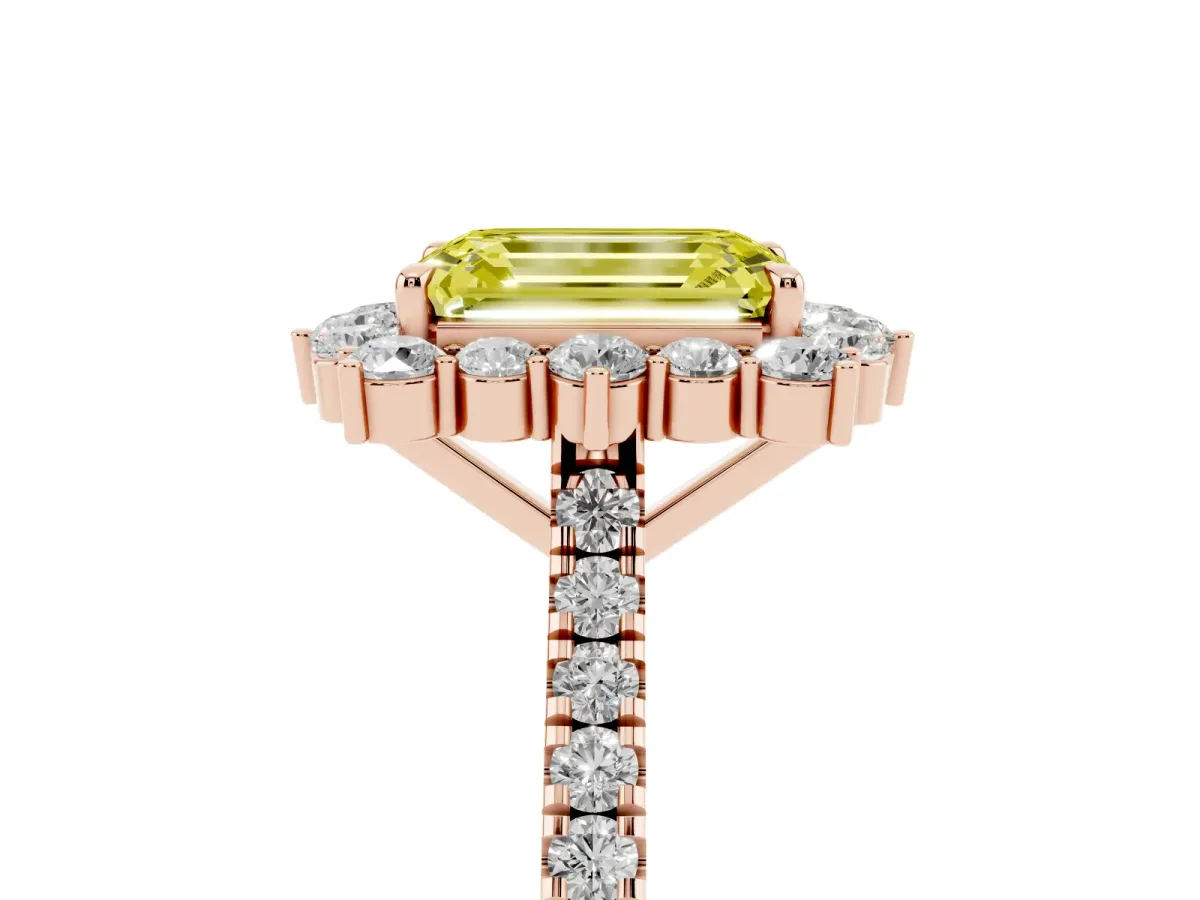 Fancy Yellow Emerald Cut Halo Diamond Ring with Pavé Band and Prong Setting Rose gold