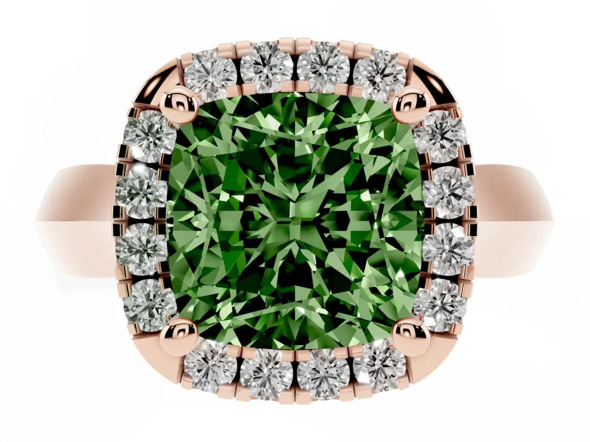 Fancy Green Cushion Cut Cut Halo Solitaire Engagement Ring with Square Band and Four-Prong Setting Rose gold