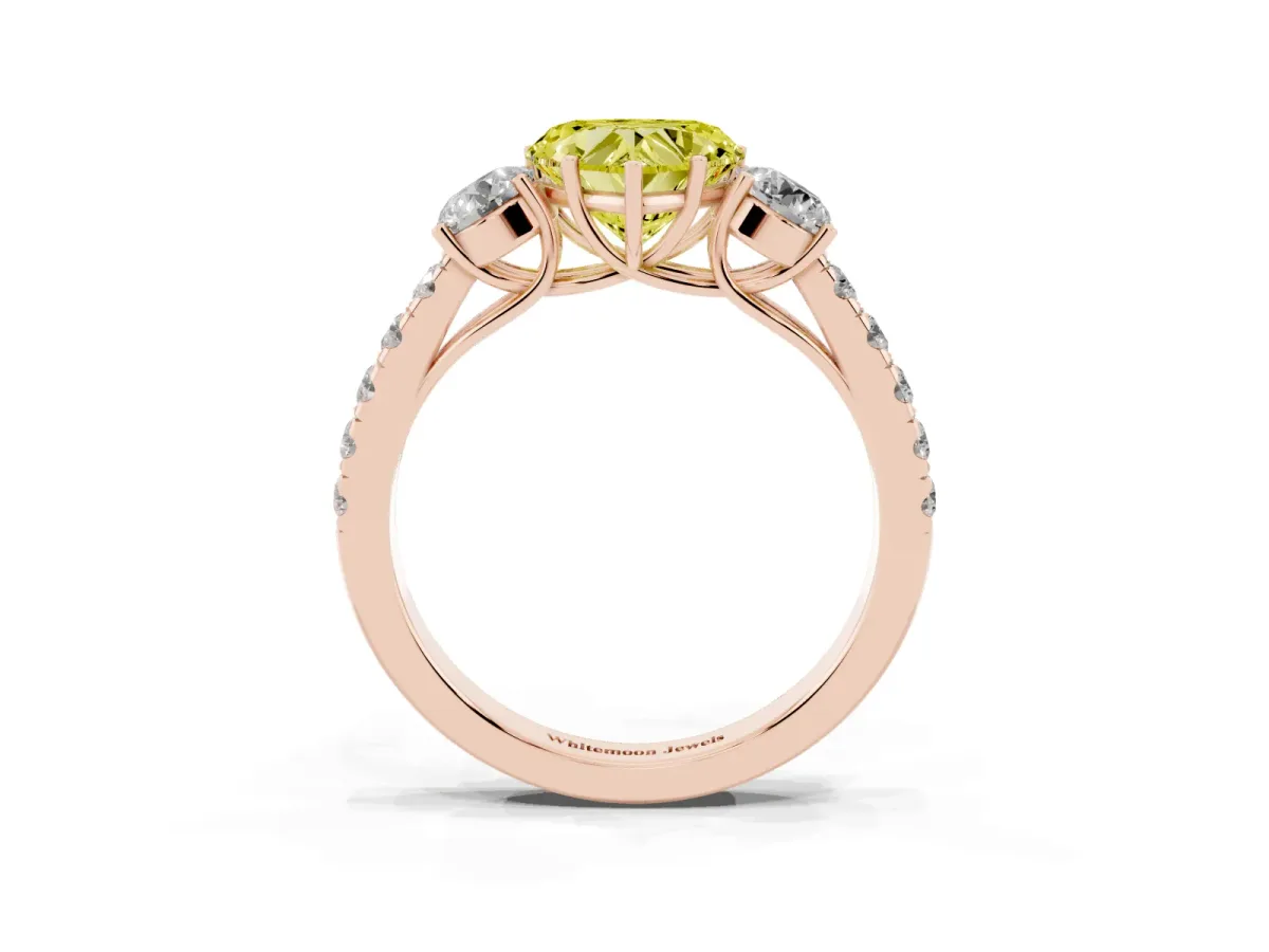 Fancy Yellow Heart Cut Cut Diamond Three-Stone Ring with Round Side Stones and Pavé Band Rose gold