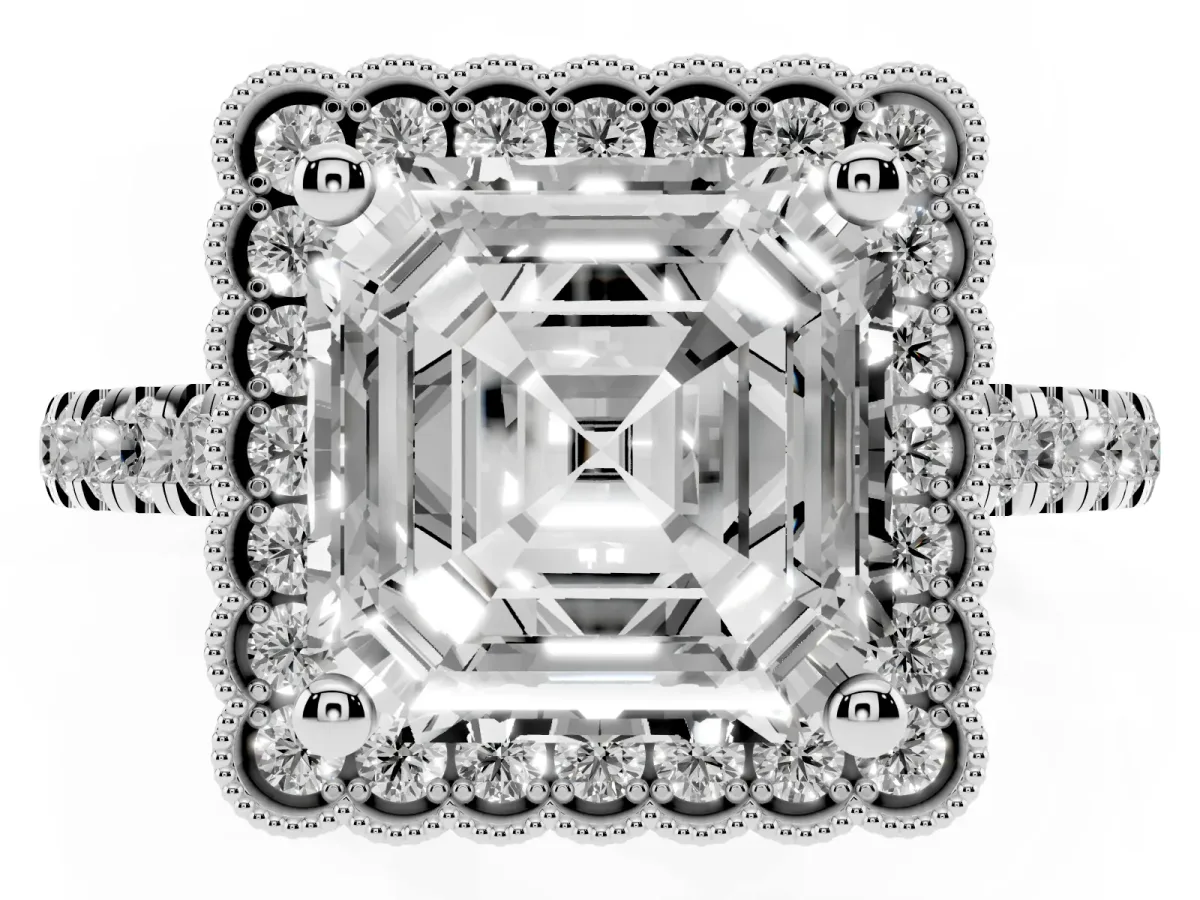 Asscher Cut Cut Diamond Milgrain Floral Halo Engagement Ring with Pavé Band Silver