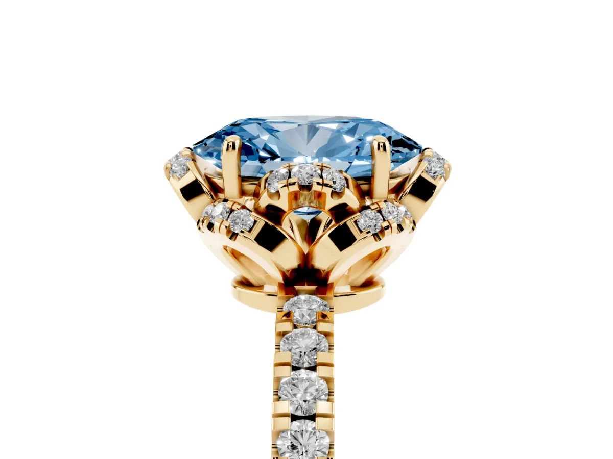 Fancy Blue Oval Cut Diamond Halo Pave Band with Four-Prong Setting Yellow gold