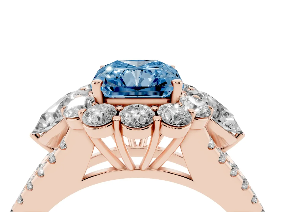 Fancy Blue Radiant Cut Halo Split Shank Diamond Engagement Ring with Prong Setting Rose gold