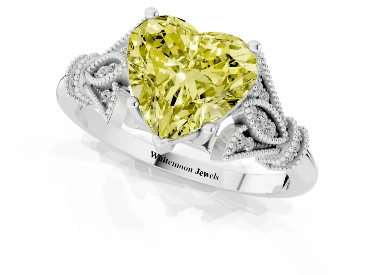 Fancy Yellow Heart Cut Diamond Solitaire Ring with Floral Filigree and Pave Accents Platinum