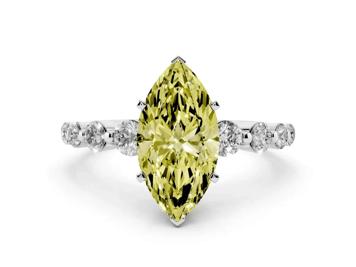 Fancy Yellow Marquise Cut Solitaire Diamond Ring with Pave Band and Four-Prong Setting Silver