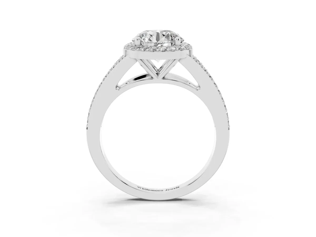 Round Cut Halo Split Shank Diamond Ring with Prong Setting Platinum