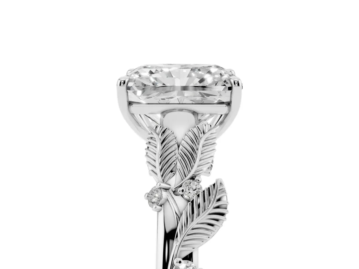 Radiant Cut Diamond Solitaire Ring with Leaf Motif Band and Four-Prong Setting Silver