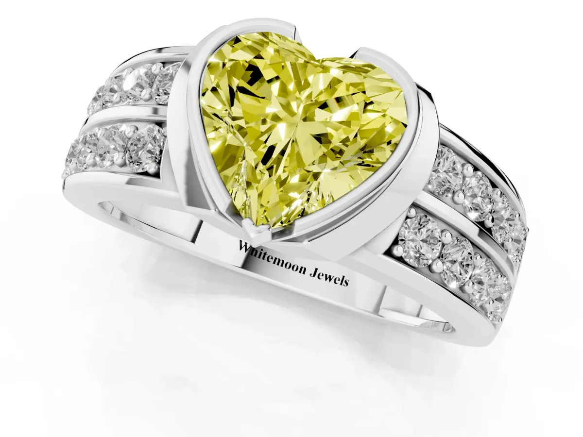 Fancy Yellow Heart Cut Brilliant Diamond Channel Set Wide Band Ring with Bezel Setting Platinum